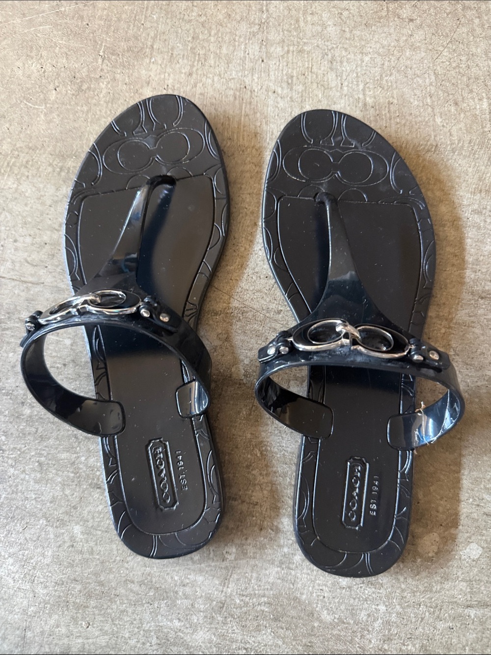 Coach Black Jelly Thong Sandals with Silver Hardware